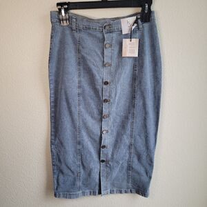 NEW Blue Denim Button Front Maxi Skirt Sz 11 29 Happily Grey Boho Stretch